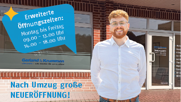 Niklas Krummen, Hörakustikmeister bei Gerland & Krummen, begrüßt Sie ab dem 7. April in neuen, größeren und modemen Räumlichkeiten in der Overbergstraße 8.