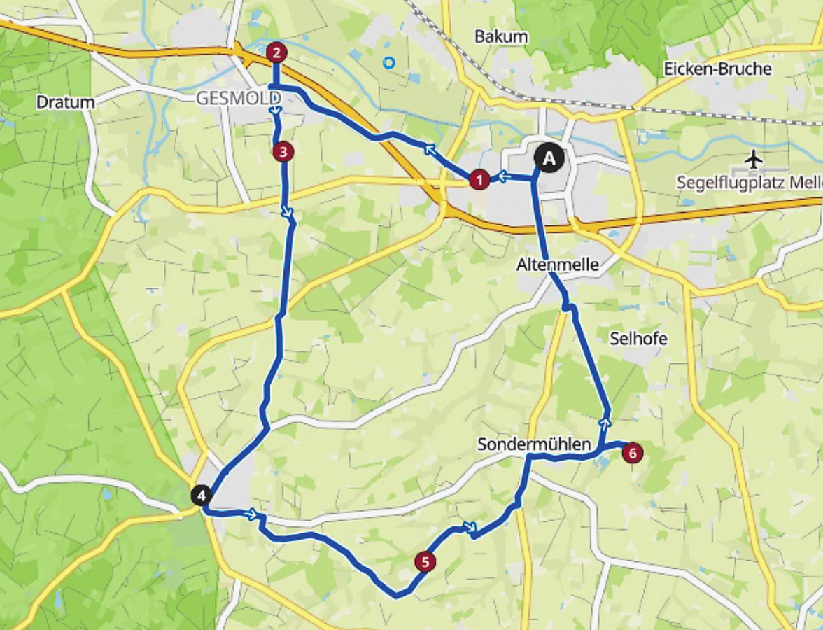 Die Wegpunkte der Route: 1. Historischer Dampfmaschinen - Generator, 2. Schloss Gesmold, 3. Kapelle Wennigsen, 4. Wellingholzhausen, 5. Damwildgehege, 6. Violenbach-Holzbrücke, 7. Brunnen am Marktplatz in Melle Screenshot: OpenStreetMap/Ulrich Eckseler