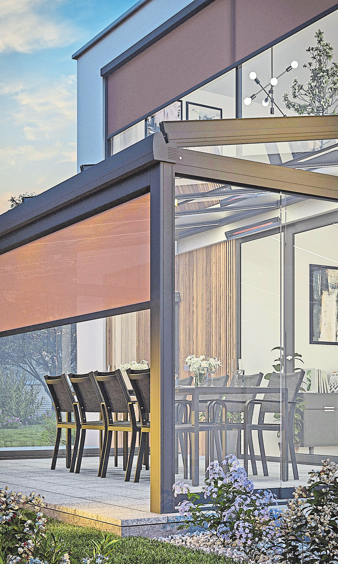 Regenschutz und Transparenz: Glasdächer schützen die Terrasse von oben.
