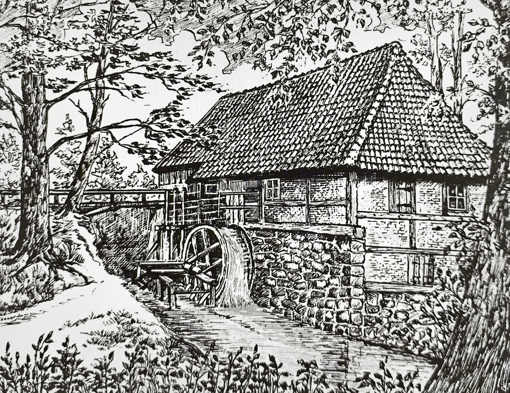 Zeichnung der historischen Wassermühle des Gutes und Adelssitzes Brunning. Die Geschichte reicht bis ins 16. Jahrhundert.