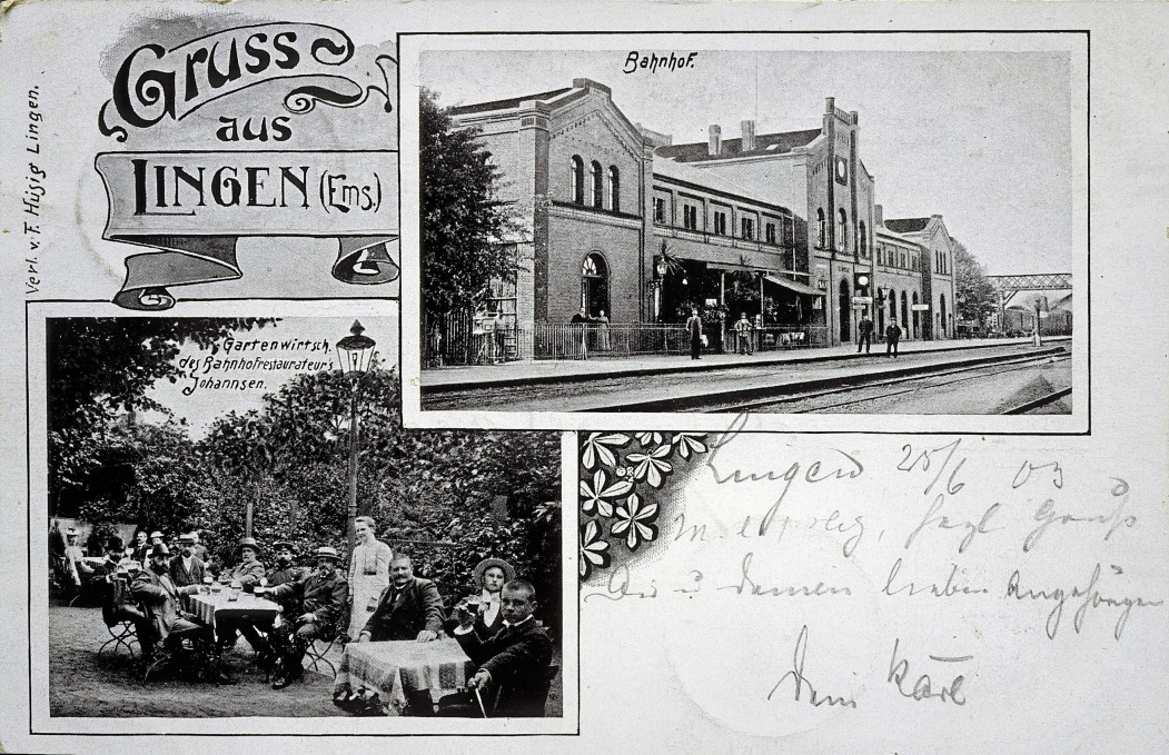 Eine Postkarte aus Lingen mit Bahnhofsbild aus dem Jahr 1903.
