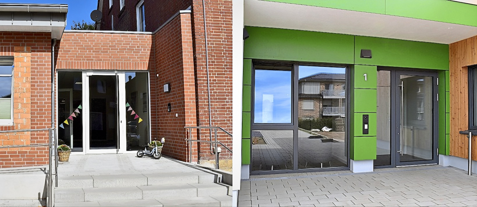 An den Eingängen der beiden neuen Kitas werden zeitnah noch die Namensschilder angebracht - im Eingang der Kita „Am Dorfplatz“ hängen schon Fähnchenketten, in der Tür des Kinderzentrums „Kunkheide“ spiegelt sich das nächste Haus.