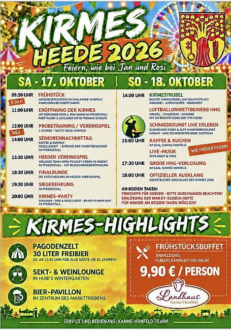 Das Plakat zur Kirmes 2026. Zu den kulinarischen Highlights gehören unter anderem: Ein Pagodenzelt und 30 Liter Freibier, eine Sekt- und Weinlounge und ein Bier-Pavillon im Zentrum des Markttreibens. Foto: KI