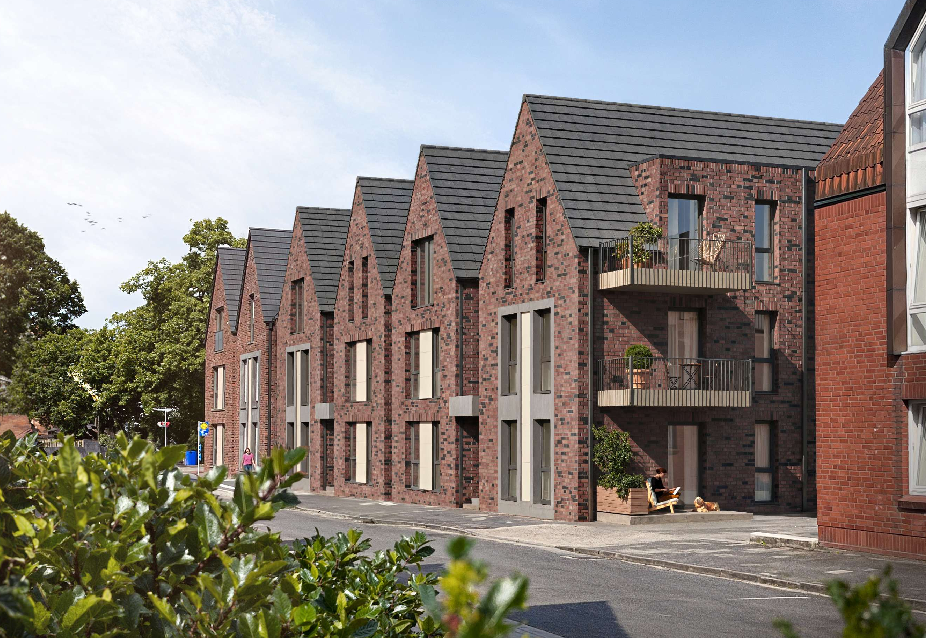 So wie in dieser Visualisierung werden die neuen Häuser mit den Eigentumswohnungen aussehen. Die ersten drei Häuser von links stehen bereits. BILD: Privat