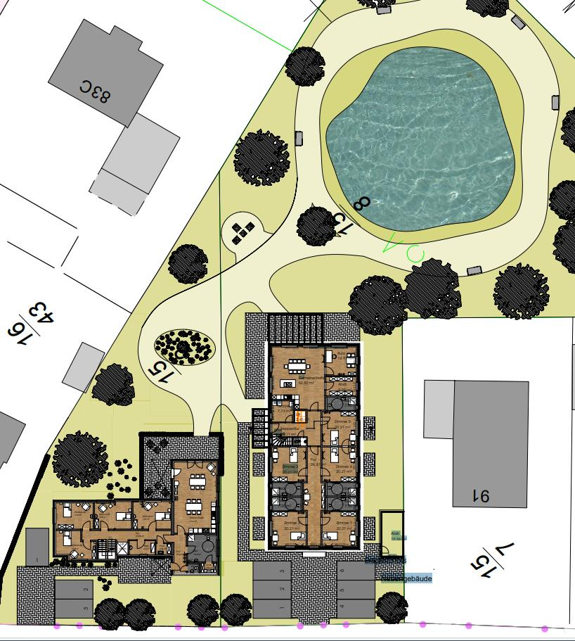 Mit dem Neubau (Bildmitte) befinden sich nun auf dem Grundstück (farbig hinterlegt) in Engerhafe, Engerhafer Loog 87 und 89, zwei Seniorenwohngemeinschaften. Die Grundrisse zeigen jeweils das Erdgeschoss. BILD: privat/kerstenarchitekten