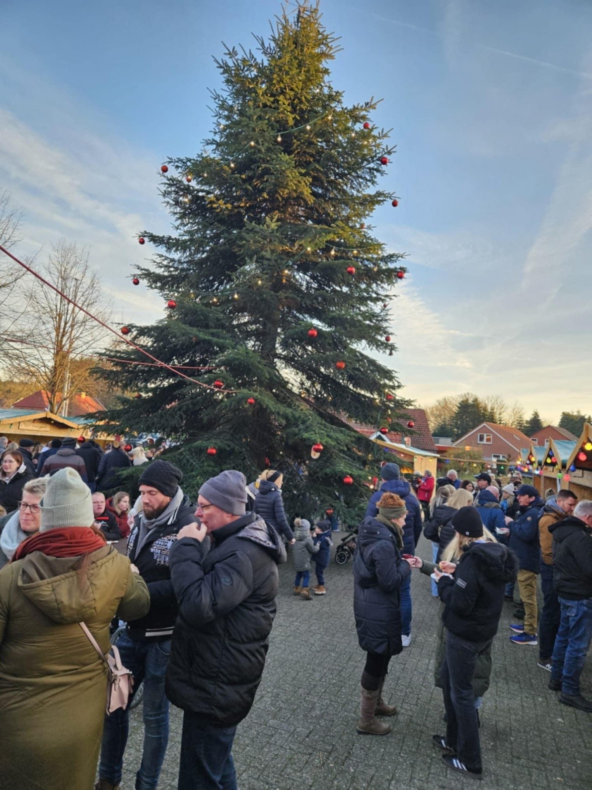 Im Schatten des großen Weihnachtsbaumes findet am Sonntag der Adventsmarkt auf dem Dorfplatz in Schweindorf statt.    Bilder: Dorfgemeinschaft Schweindorf