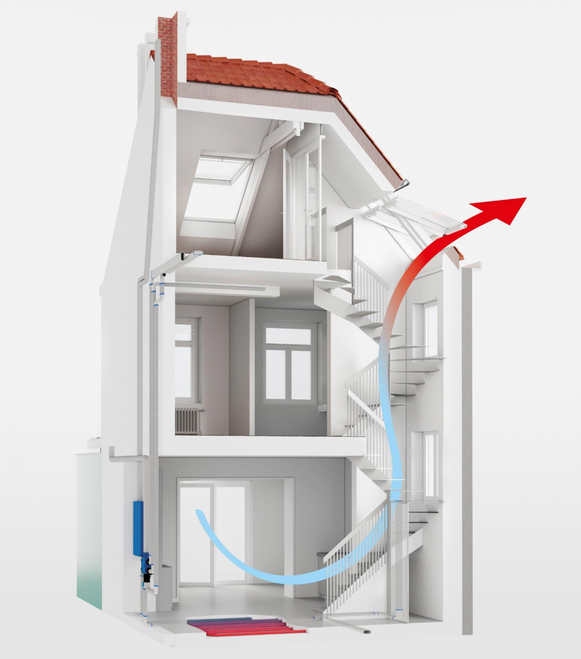 Sehr schnell und mit wenig Wärmeverlusten lässt sich die Raumluft komplett austauschen, wenn man den Kamin-Effekt nutzt. Er beschreibt die physikalische Eigenschaft warmer Luft, nach oben zu steigen. Die verbrauchte Luft zieht oben durch das Fenster ab, während unten frische Luft nachströmen. Grafik: Velux#