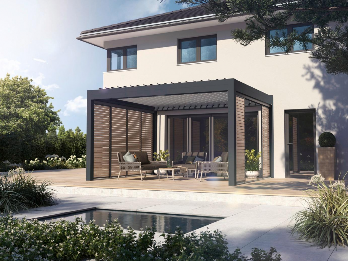 Ein Lamellendach harmoniert stilvoll mit dem Rest des Hauses. Bild: Meyer