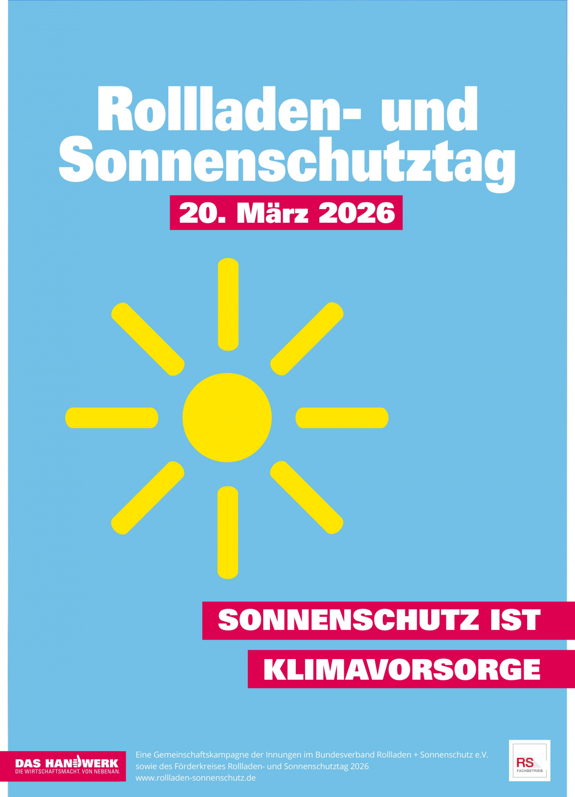Der Rollladen- und Sonnenschutztag 2026 steht ganz im Zeichen der Klimavorsorge und macht auf die Bedeutung vorausschauender Maßnahmen aufmerksam. Grafik: Bundesverband Rollladen + Sonnenschutz e. V. (BVRS)