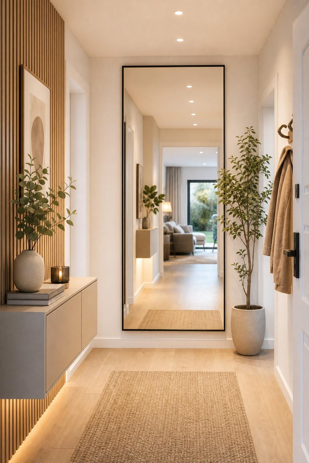 Ein deckenhoher Spiegel im Eingangsbereich streckt den Flur optisch und sorgt für ein freundliches, großzügiges Raumgefühl gleich beim Betreten der Wohnung. BILD: Lina Lütje via ChatGPT