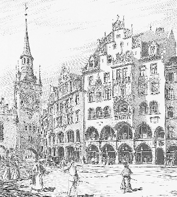 DIESES PRACHT VOLLE NEOGOTISCHE HAUS ERBAUTE MAX OSTENRIEDER AM MÜNCHNER MARIENPLATZ UM 1900 FÜR SEINE FAMILIE. ES WURDE IM KRIEG ZERSTÖRT. QUELLE: ARCHITEKTONISCHE RUNDSCHAU 1900