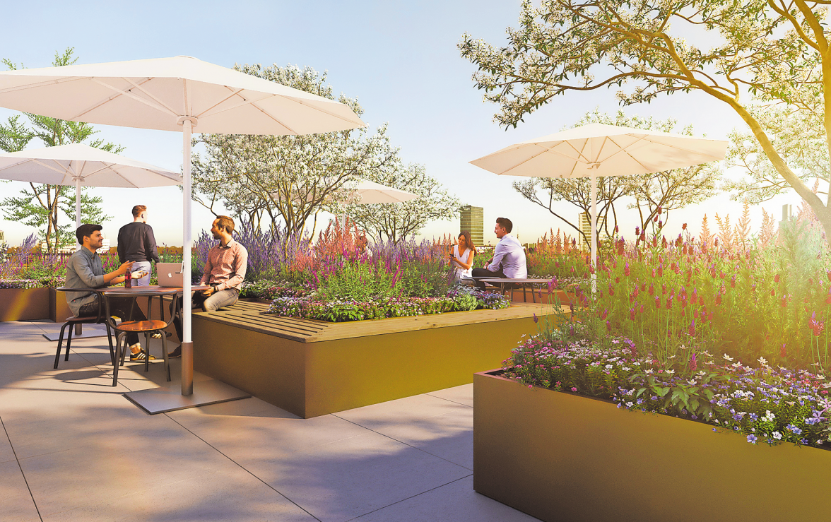 HIER LÄSST ES SICH KÜNFTIG SICHER SCHÖN ARBEITEN: DIE DACH TERRASSE VON „THE HIVE“.