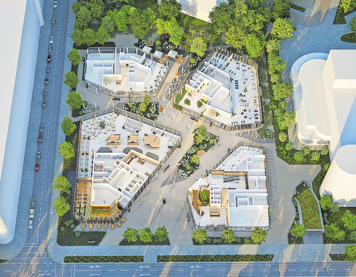 DAS RENDERING ZEIGT DEN GRUNDRISS DER ZWEITEN ETAGE SOWIE DIE GESAMTAUFTEILUNG DES ECKGRUNDSTÜCKS AN DER PRINZREGENTENSTRASSE BEZIEHUNGSWEISE VOGELWEIDESTRASSE.