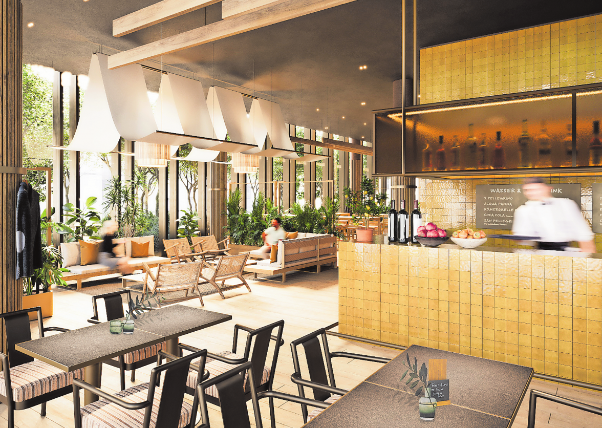 DAS INTERIOR DER BAR SCHWELGT IN HARMONISCHEN, DEZENTEN FARBTÖNEN. NATÜRLICHE MATERIALIEN MIT ANGENEHMER HAPTIK KORRESPONDIEREN MIT ORGANISCHEN FORMEN. RENDERING: MATTEO THUN & PARTNERS