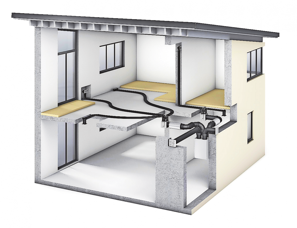 BEISPIEL FÜR EINE ZENTRALE LÜFTUNGSANLAGE MIT VERTEILSYSTEM. VISUALISIERUNG: VIESSMANN