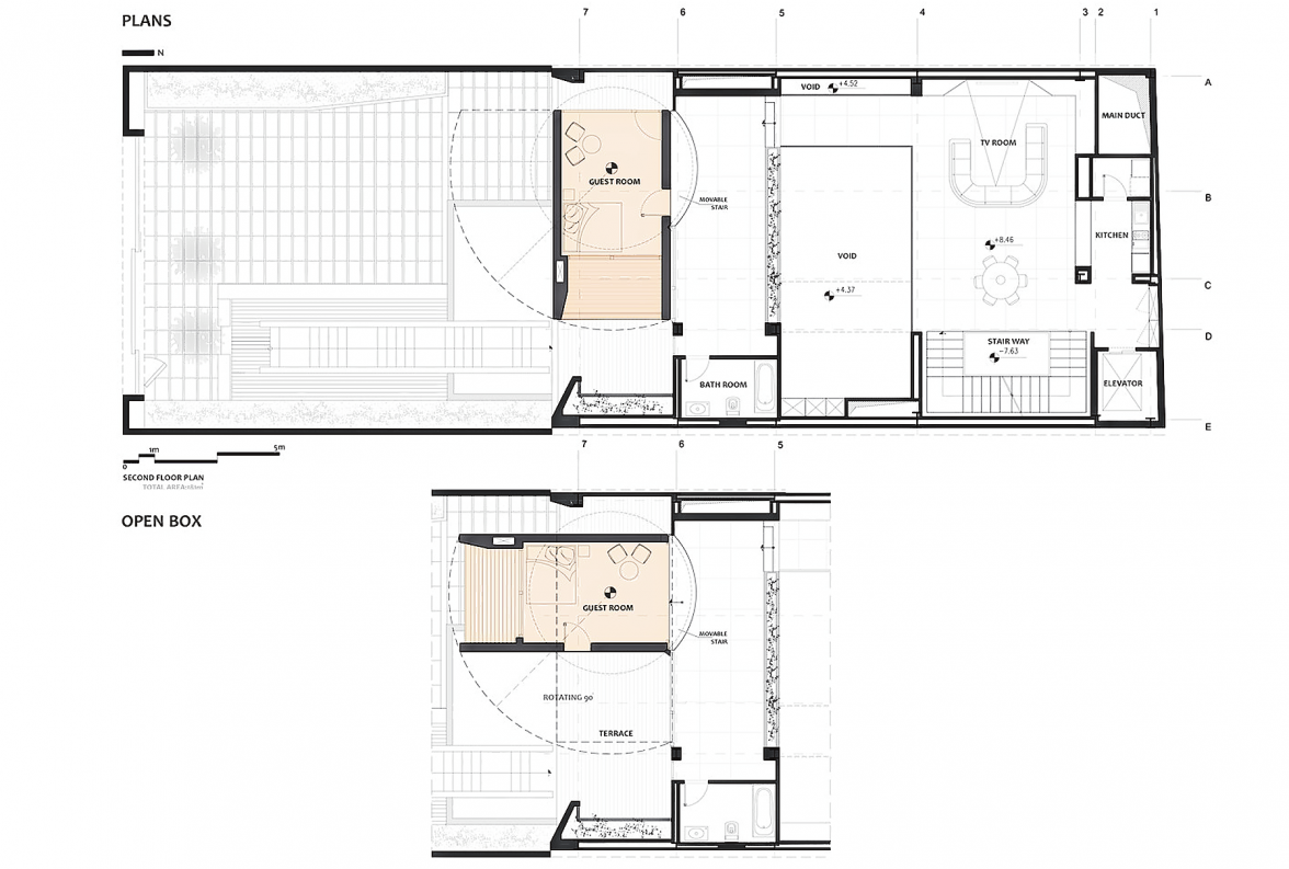 DER FARBLICH HINTERLEGTE KUBUS STELLT EINEN DER DREHBAREN RÄUME DAR IN DEN EXTREMSTELLUNGEN. GRAFIK: NEXT OFFICE / ALIREZA TAGHABONI