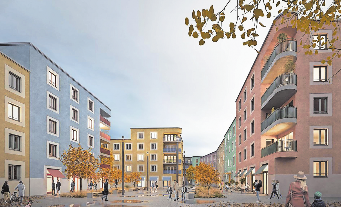 AN DEN ÖFFENTLICHEN RÄUMEN SIND WINTERGÄRTEN UND LOGGIEN VORGESEHEN, AN DEN HALBÖFFENTLICHEN RÄUMEN BALKONE UND ERHÖHTE TERRASSEN. VISUALISIERUNG: GEORG HANA BERLIN FÜR SIEDLUNGSWERK NÜRNBERG