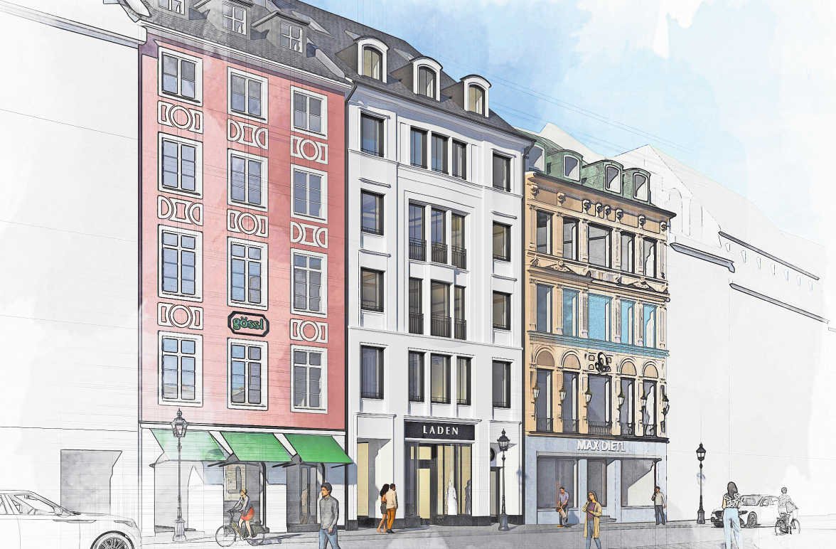 SO SOLL EINMAL DER NEUBAU DES IN DER HOLLERSTIFTUNG BEFINDLICHEN GESCHÄFTSHAUSES AUSSEHEN. DIE FASSADE MÖCHTE DIE STADTGESTALTUNGSKOMMISSION NOCH EINMAL ÜBERARBEITEN LASSEN. VISUALISIERUNG: TOBIAS NÖFER ARCHITEKTEN