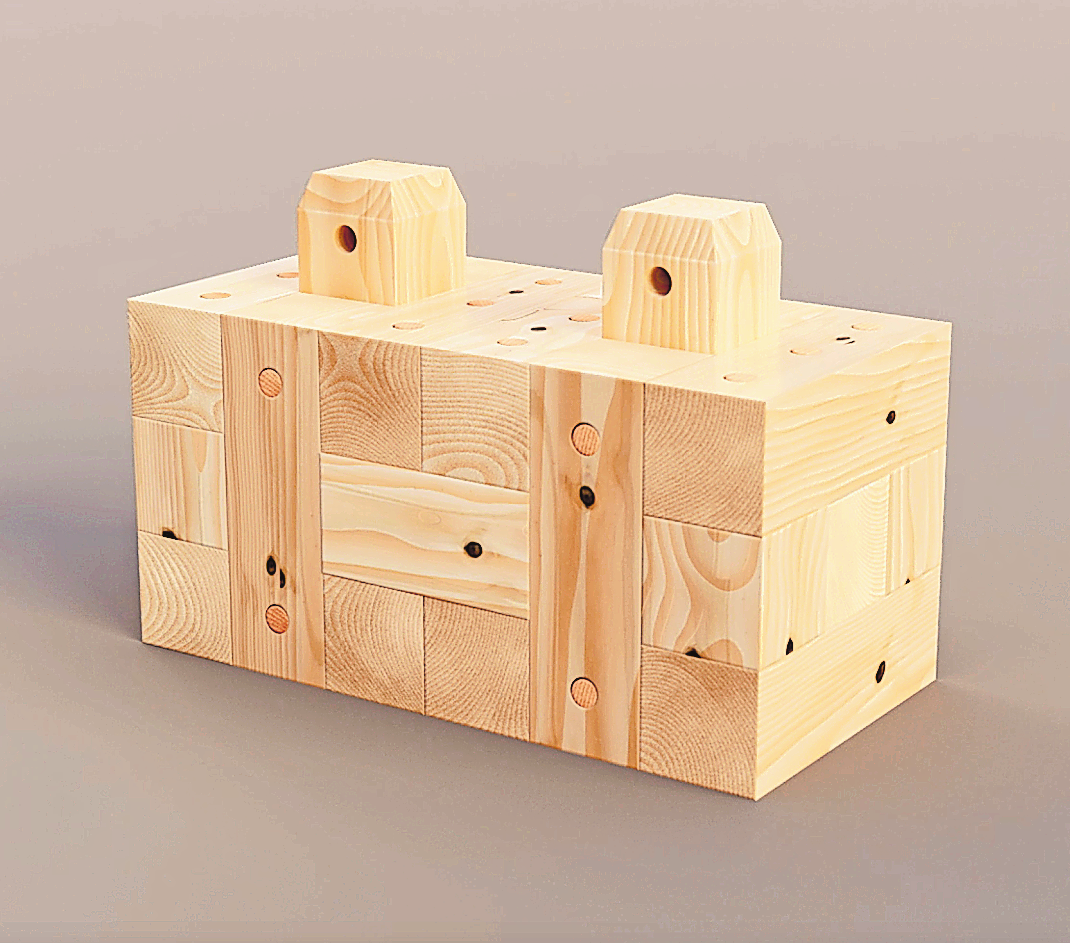 DIE BAUSTEINE WERDEN UNTER ANDEREM AUS KALAMITÄTS-HOLZ GEFERTIGT. FOTO: TRIQBRIQ