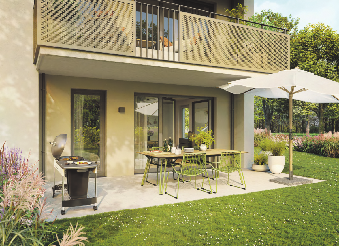 LIVING PARK ASCHHEIM steht für ein natürliches Wohnen. Dazu zählt, dass man sich gern im Freien aufhält und an der frischen Luft die Natur genießen kann. Großzügige Terrassen erweitern die eigenen vier Wände ins Freie. Zusätzlich verfügen alle Wohnungen im Erdgeschoss über einen eigenen Gartenanteil für das private Glück im Grünen.