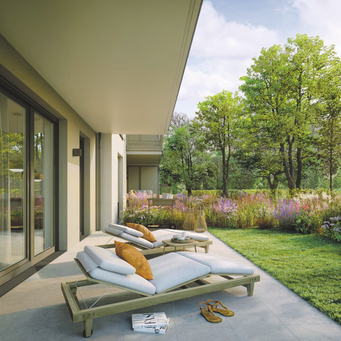 Liebevoll angelegt, reichlich begrünt und mit vielen Lieblingsplätzen – das charakterisiert den Landschaftsgarten, der die vier Wohnhäuser einfasst. Ruhezonen mit Sitzbänken schenken eine hohe Aufenthaltsqualität auf 3.400 Quadratmetern Freifläche.