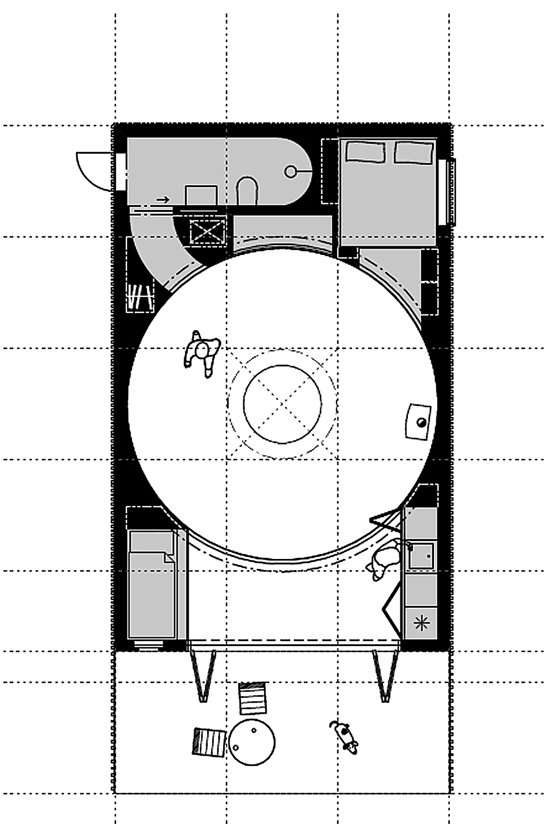 DER SLOWAKISCHE ARCHITEKT PETER JURKOVIČ STELLTE IN SEINER NEUINTERPRETATION DIE JURTE IN EINEN KUBUS, UM IN DEN ZWICKELRÄUMEN AUCH ZEITGEMÄSSEN BEDÜRFNISSEN GERECHT ZU WERDEN. GRUNDRISS: PETER JURKOVIČ