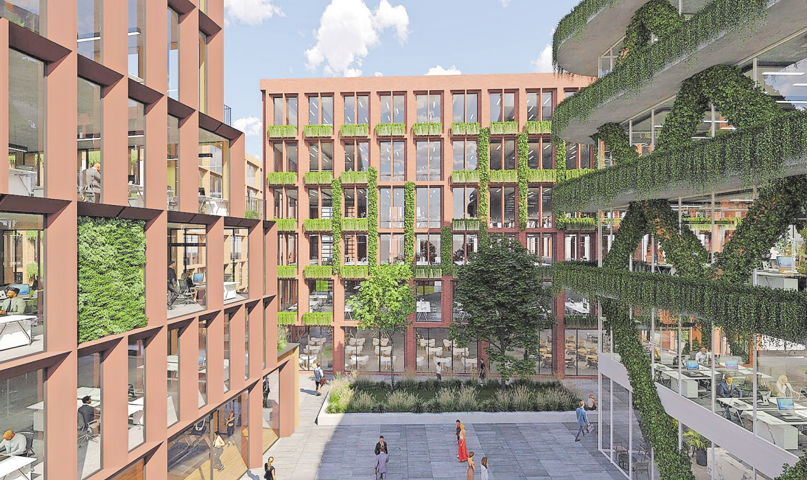 NICHT NUR DAS ÄUSSERE ERSCHEINUNGSBILD VERWEIST AUF EINE NACHHALTIGE KONZEPTION. DAS GESAMTE QUARTIER ORIENTIERT SICH AN EINER KLIMAFREUNDLICHEN ERBAUUNG UND NUTZUNG. VISUALISIERUNG: CV REAL ESTATE