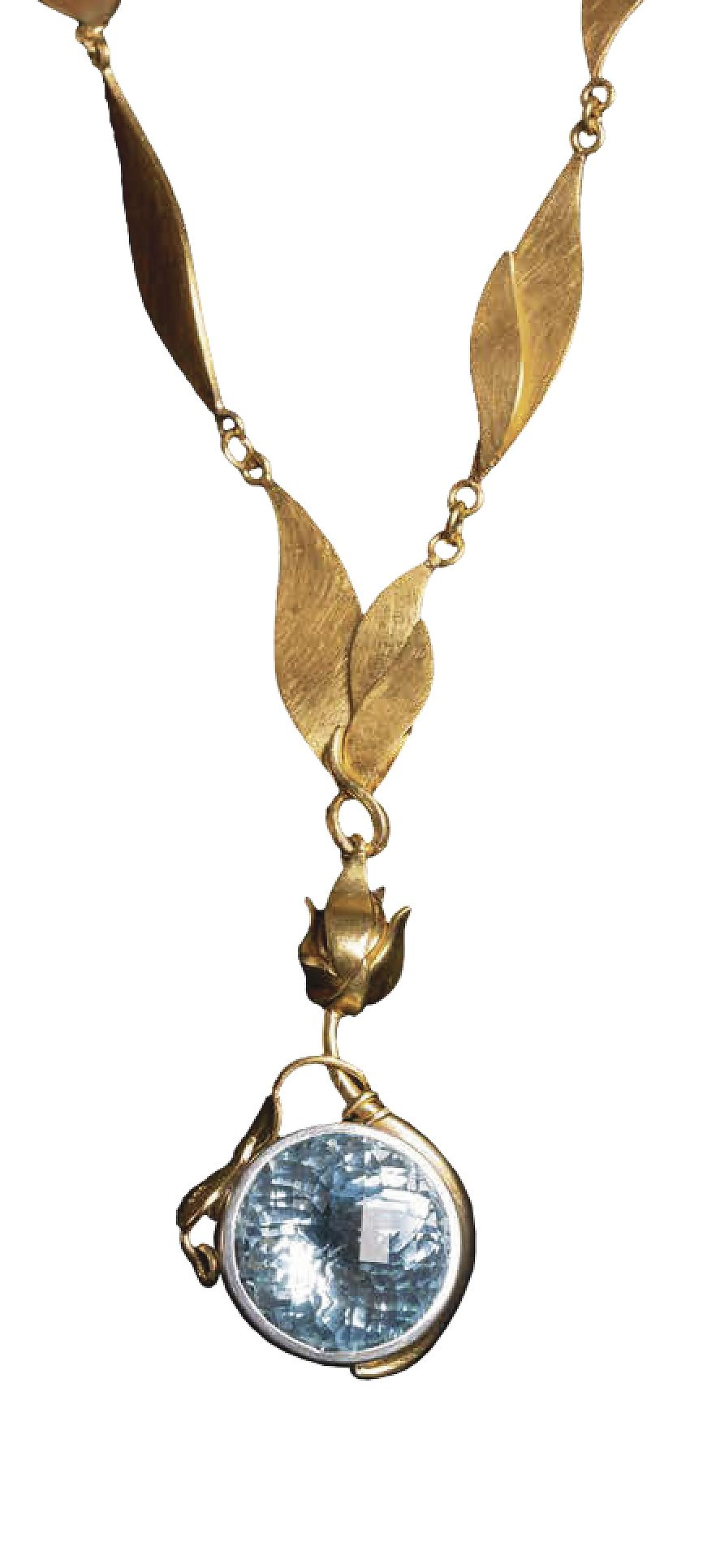 „LA LAGUNA“ Facettierter Edeltopas in 935er Sterlingsilber an montiertem Blättercollier in 900er Feingold mit montierter Blütenknospe in Feingold.