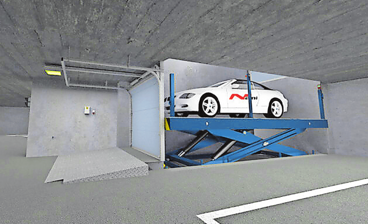 DIE TECHNISCHE LÖSUNG IST KEIN WUNDERWERK: EIN HYDRAULISCHER SCHERENHUBTISCH ODER ZWEISÄULENLIFT BEFÖRDERT DAS AUF DER HEBEBÜHNE STEHENDE FAHRZEUG NACH OBEN ODER VERSENKT ES IN DER GARAGE. GRAPHIK: NANI VERLADETECHNIK