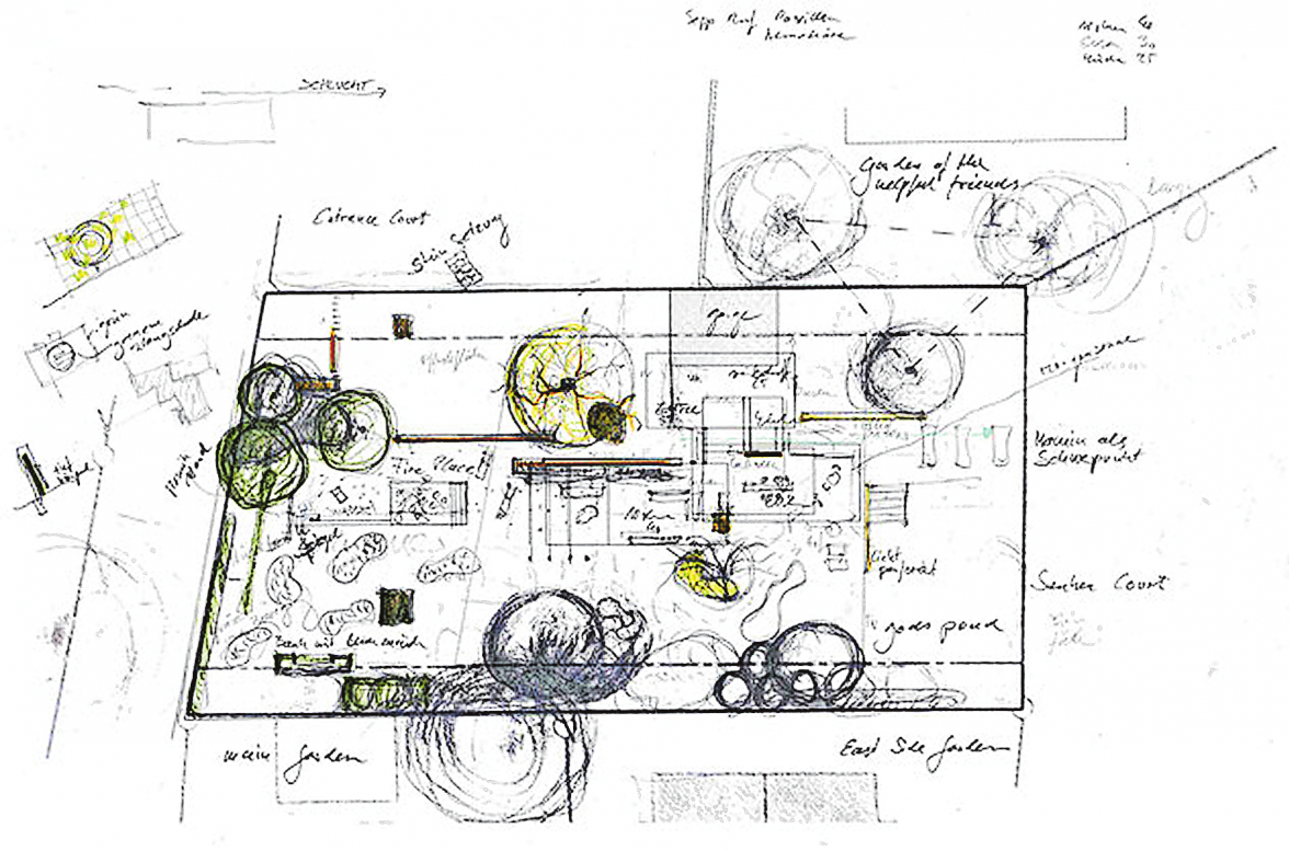 DER MÜNCHNER ARCHITEKT STEPHAN MARIA LANG BEMÜHT SICH UM DIE ERHALTUNG DER VORHANDENEN VEGETATION, KONZIPIERT DAHER NICHT SELTEN SEINE BAUWERKE AUSGEHEND VOM GARTEN. SKIZZEN: STEPHAN MARIA LANG Entrak