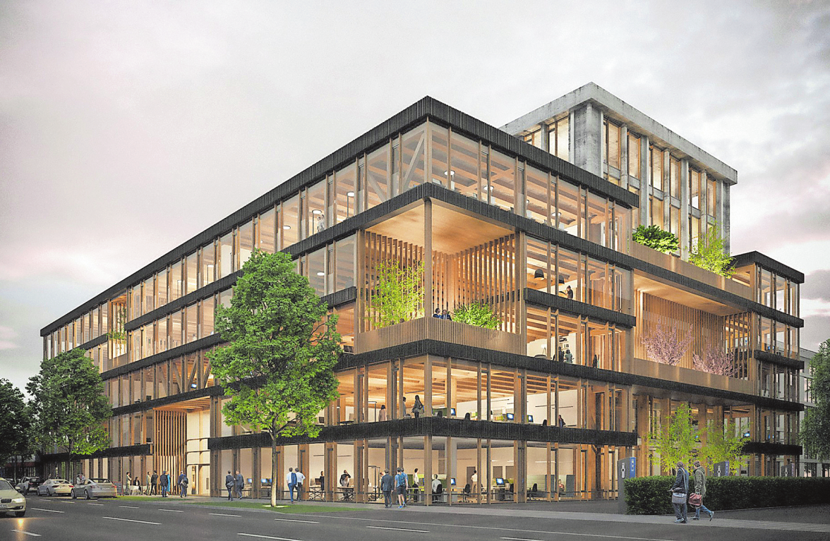 Münchens erstes Bürogebäude an der Elsenheimer Straße kombiniert Stahlbeton mit Holz im Tragwerk beziehungsweise in konstruktiven Bauteilen.<br/>Visualisierung: OLIV Architekten