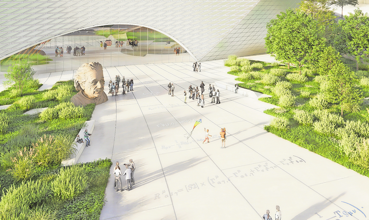 Das Gebäude mit großzügigem Eingangsbereich setzt Einstein ein Denkmal.