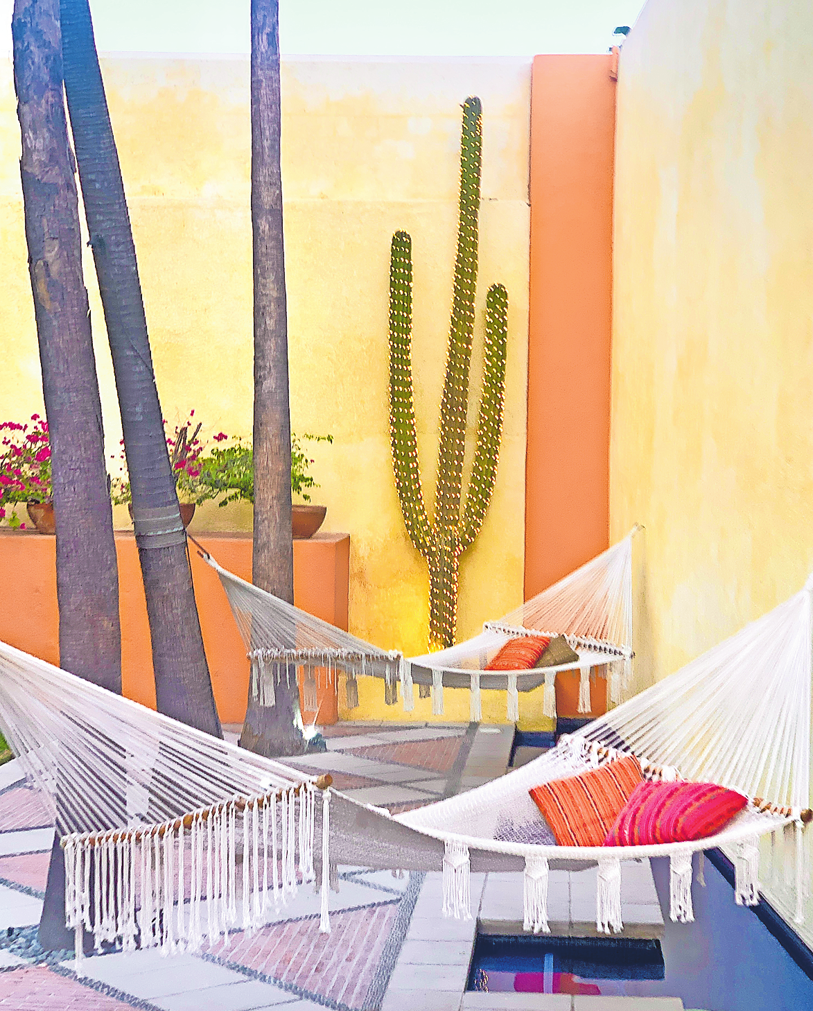 PATIO IN SAN JOSÉ DEL CABO MIT WANDPROPORTIONEN UND FARBFLÄCHENGESTALTUNG À LA BARRAGÁN: DIE KRÄFTIGEN TÖNE GEHÖREN ZUR DNA MEXIKANISCHER LEBENSFREUDE. FOTO: FRANZISKA HORN