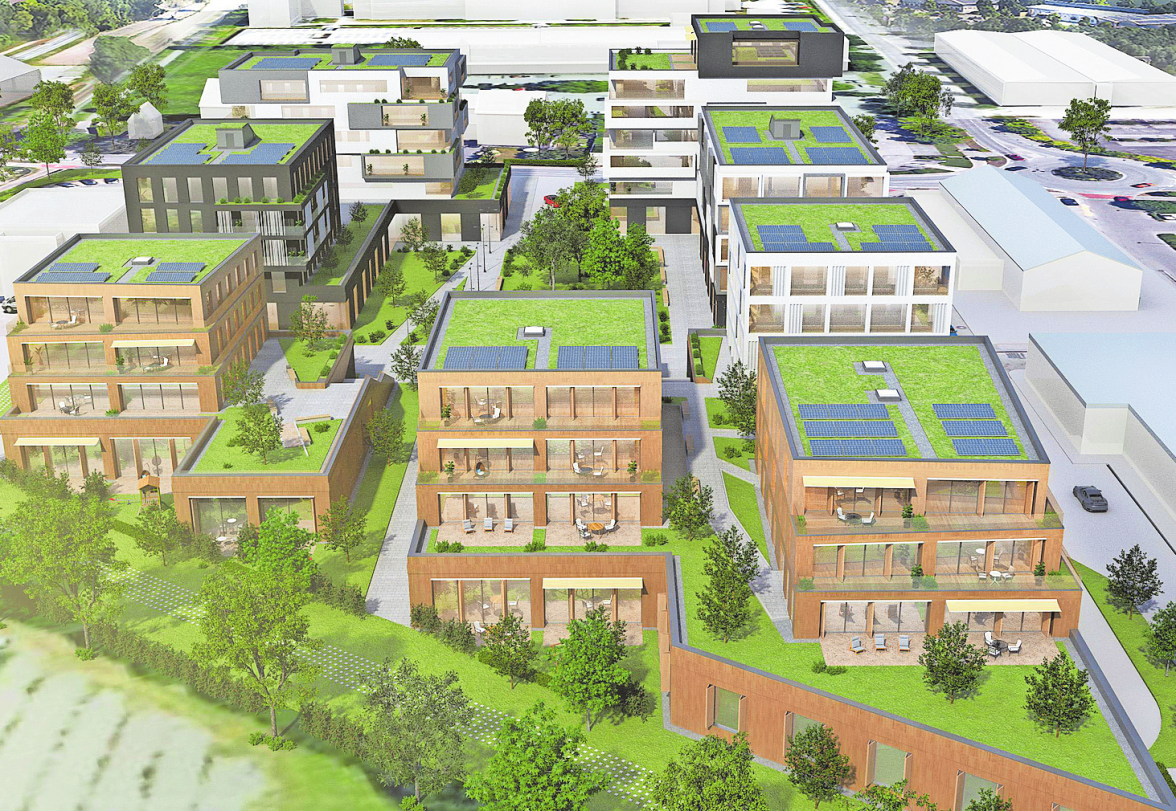 FÜR DAS GEWERBEGEBIET IM ERDINGER BERGHAM IST NUN DER WEG FREI FÜR EINE NEUE MISCHNUTZUNG, DIE DAS WOHNEN ZUKÜNFTIG INTEGRIERT. VISUALISIERUNG: YES ARCHITECTURE