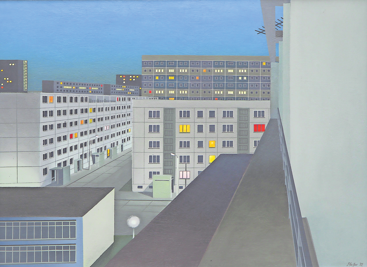 ARBEIT VON UWE PFEIFER: „HÄUSER AM ABEND 1972“. FOTO: DAS MINSK