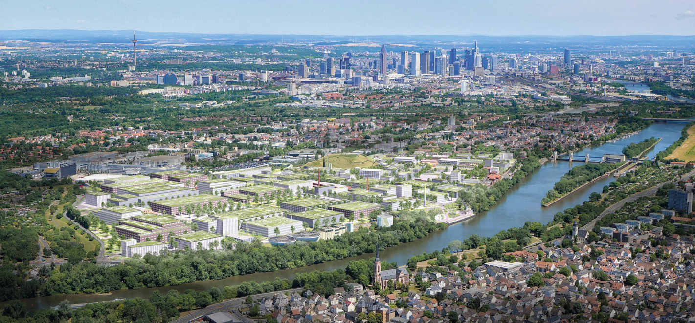 AM RHEINUFER ENTSTEHT AUF RUND 73 HEKTAR DAS NEUE QUARTIER„FRANKFURT WESTSIDE“ - MIT ZWEI GEPLANTEN RECHENZENTREN, DEREN ABWÄRME KÜNFTIG AUCH DIE NACHBARSCHAFT VERSORGEN SOLL. VISUALISIERUNG: BLOOMIMAGES BERLIN GMBH