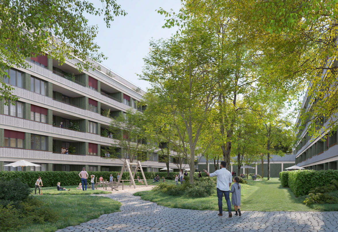 DER INNENHOF DIENT ALS GRÜNE MITTE SOWIE ALS AUFENTHALTS- UND SPIELZONE. DIE SICH ZUGEWANDTEN FASSADEN BILDEN EINEN PRIVATEN HOF FÜR TERRASSEN UND GÄRTEN. VISUALISIERUNGEN: BLOOM IMAGES / UBM!