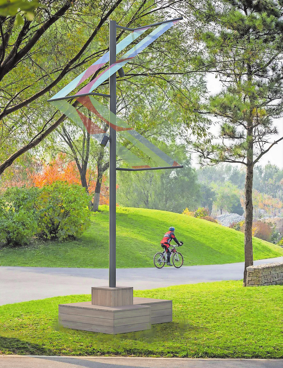 ALS SOLARBETRIEBENE LICHTINSTALLATION WURDE DIE LEUCHTE,MAIN-LIGHT' FÜR DEN ÖFFENTLICHEN RAUM KONZIPIERT. DEN STROM ERZEUGEN INNOVATIVE SOLARFOLIEN. FOTO: MAIN-LIGHT