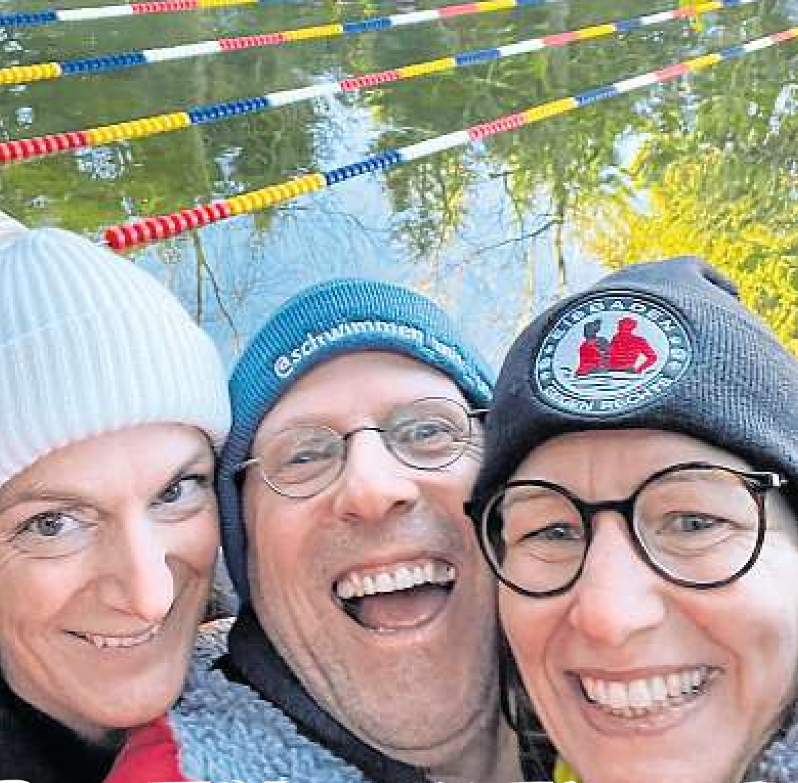 14. Februar 2024: Uwe, Steffi und Bea in Neuhermsdorf Außentemperatur 5 Grad/Wassertemperatur 5,2 Grad.