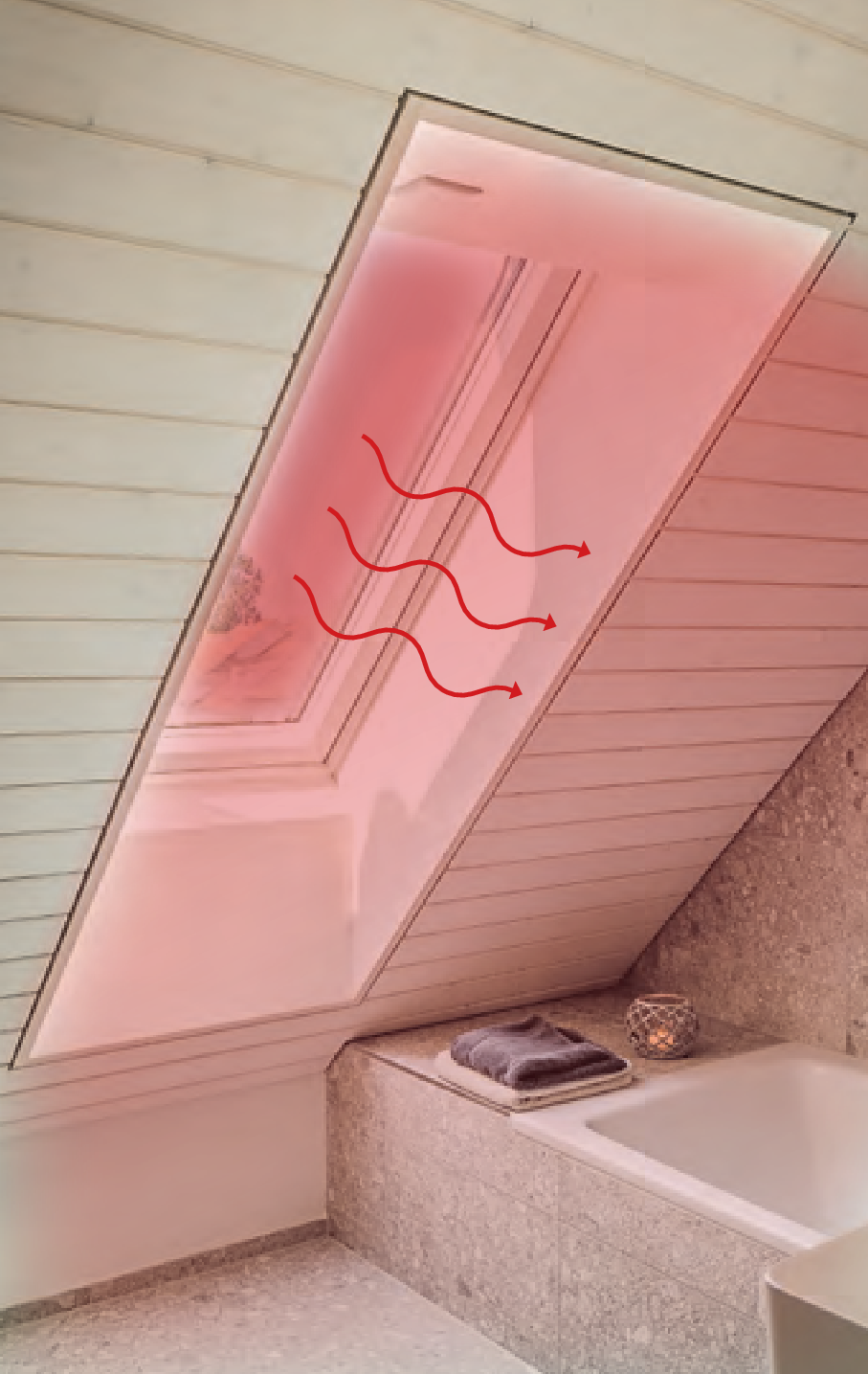Die Verglasung des Designo Heat Dachfensters ist mit Infrarottechnologie ausgestattet. Innerhalb weniger Minuten erzeugt es eine angenehme, gesunde Wärme – genau dann, wenn man sie braucht. Foto: Roto