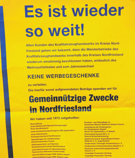 Das Plakat hängt in allen der Kfz-Innung Nordfriesland angehörigen Kraftfahrzeugwerkstätten.