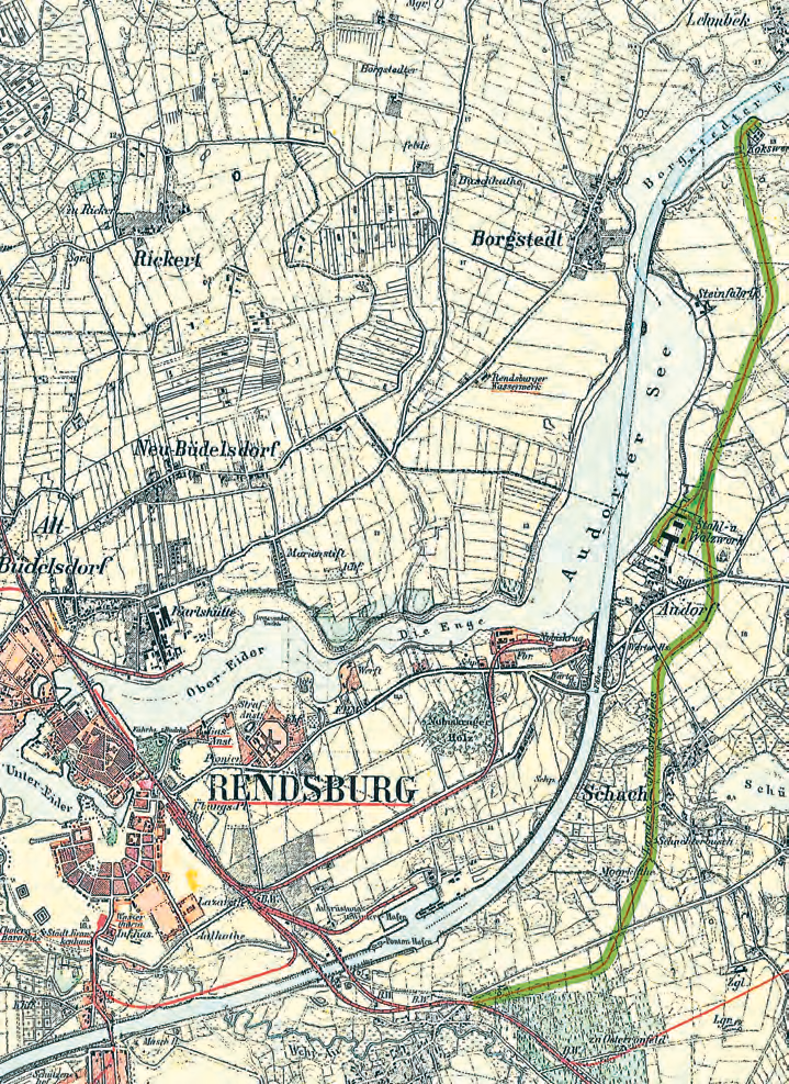 Die Karte zeigt den Streckenverlauf der Industriebahn (grüne Strecke) vor der Kanalerweiterung und dem Durchstich bei Rade. (Die Karte ist der Schriftenreihe „Die Museums-Eisenbahn“, 56. Jg. von Christian Kanzow entnommen. Bearbeitung der Karte: Dr. Dagmar Hemmie).