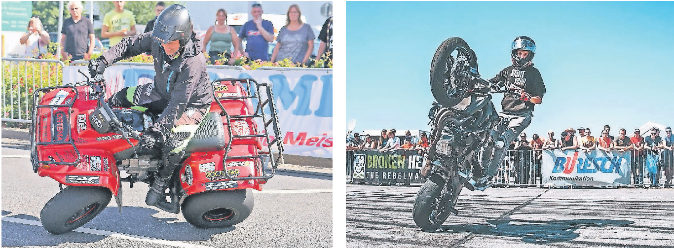 Spektakulär: Motorrad-Stunts auf zwei und vier Rädern. FOTOS: SEIFFERT/BIKER4KIDS