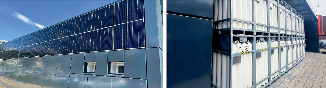 Links: Auch die Fassade des Firmengebäudes wurde mit PV-Modulen belegt, um den PV-Ertrag zu maximieren und damit die Wasserstoffproduktion zu erhöhen. Rechts: Die langfristige Speicherung des erzeugten Wasserstoffs erfolgt in Flaschenbündeln. Fotos: e.systeme21 GmbH