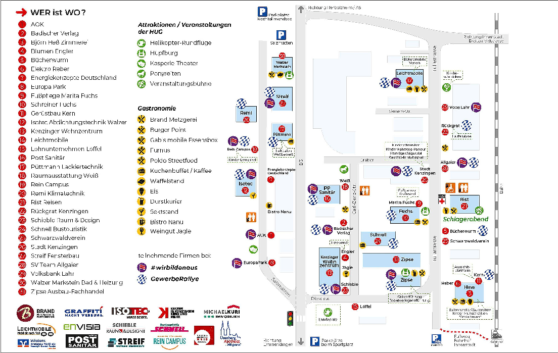 Am kommenden Wochenende, 1. und 2. Juli, zeigen die Betriebe in Kenzingen nicht nur ihr breites Portfolio, sondern bieten ein umfangreiches Rahmenprogramm von der Gewerberallye mit Gewinnspiel über Ponyreiten bis zum Helikopter-Rundflug. Wo welcher Betrieb zu finden ist und was wo geboten wird, zeigt diese Übersichtskarte.