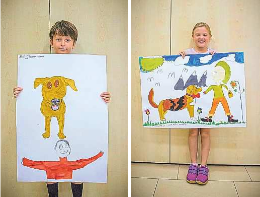 Noah und Florina mit jeweils einem ihrer Werke ganz. Fotos: Tiko/Nina Zesar