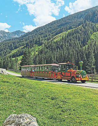 Gemächlich tuckert die E-Tschu-Tschu-Bahn durchs grüne Pöllatal - eine entschleunigte Reise mitten ins Herz des Naturschutzgebiets, bei der nicht nur Kinder große Augen machen. Foto: Tourismusregion Katschberg-Rennweg