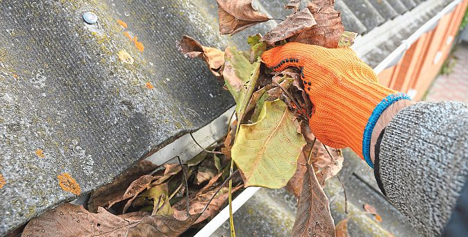 Im Herbst sollte man die Regenrinne von Laub befreien.