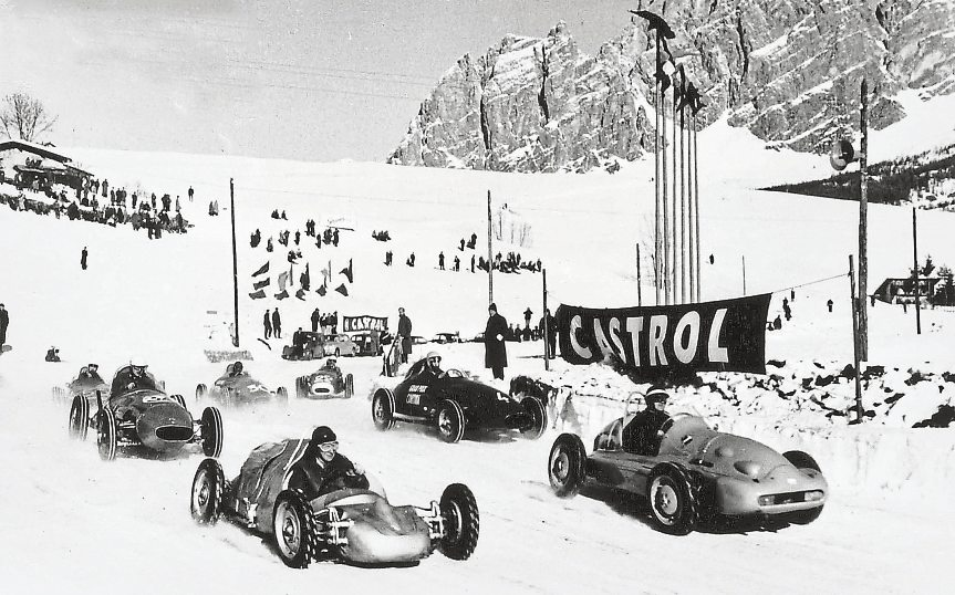 Start in Cortina im Jänner 1959. Otto Mathé und seine sechs Konkurrenten.