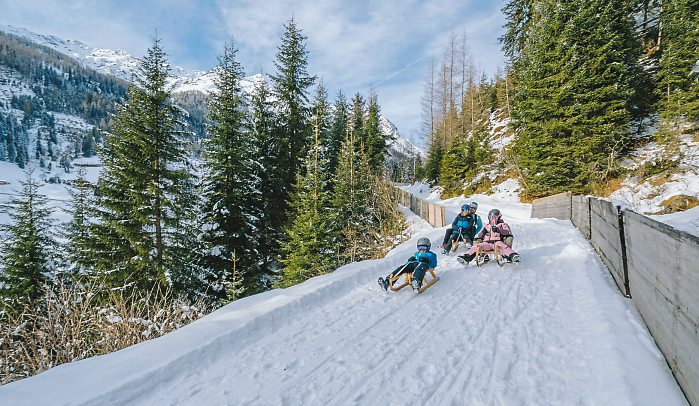 Auf der bestens präparierten Rodelstrecke geht es rasant durch verschneite Wälder.